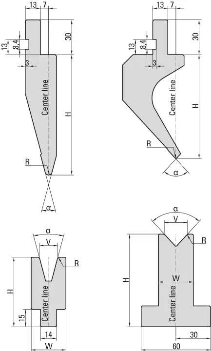 Dimensioned technical drawing — UKB Amada system punches and dies, with radii R, angle α, die opening V and height H