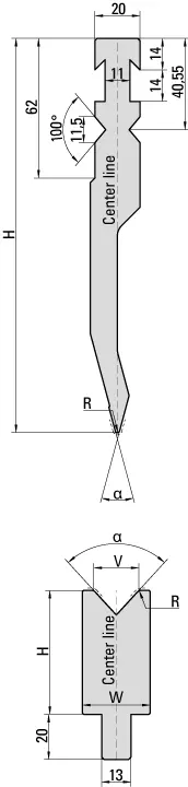 Dimensioned technical drawing — UKB Bystronic system punches and dies