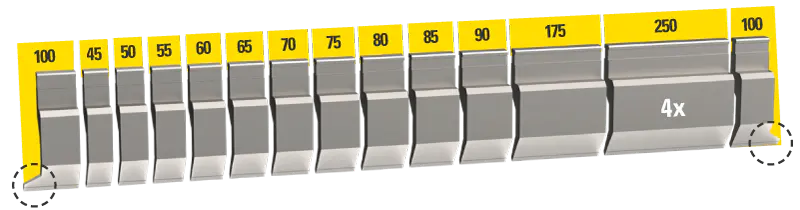 Sectioned set of UKB EHT system punches, 2,050 mm, 17 segments