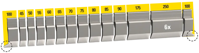 Sectioned set of UKB EHT system punches, 2,550 mm, 19 segments
