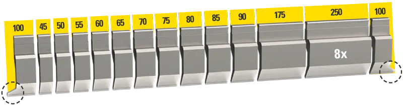 Sectioned set of UKB EHT system punches, 3,050 mm, 21 segments