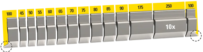 Sectioned set of UKB EHT system punches, 3,550 mm, 23 segments