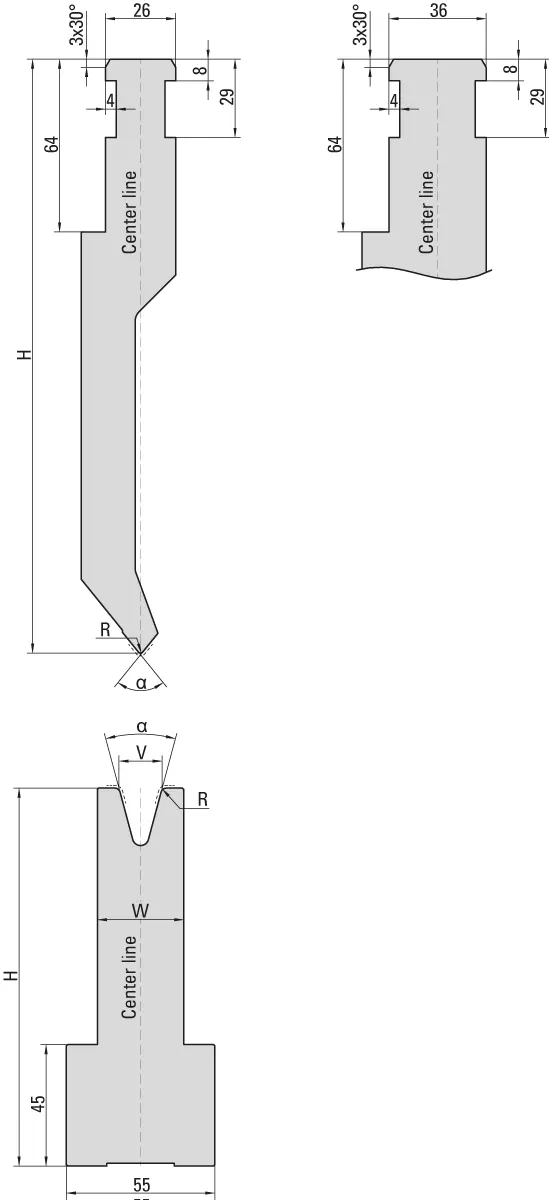 Dimensioned technical drawing — UKB EHT system tools, 26 mm and 36 mm clamping