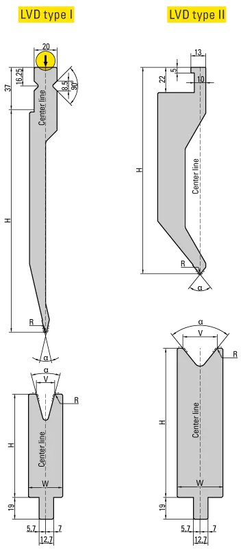 Dimensioned technical drawing — UKB LVD system punches and dies, type I and type II