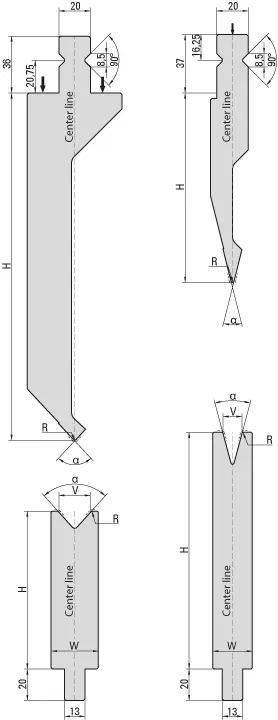 Dimensioned technical drawing — UKB Trumpf system punches and dies, with force on shoulder and force on head