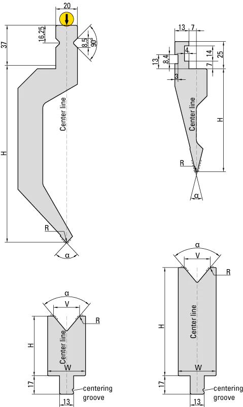 Dimensioned technical drawing — UKB Wila system punches and dies, type I and type II